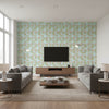 Rampura Water Blue | Schumacher Wallcovering - Living Room Visualization (AI-generated, may not be to scale. Verify pattern scale with product specifications.)