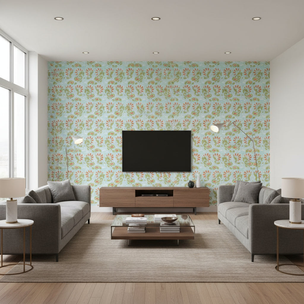 Rampura Water Blue | Schumacher Wallcovering - Living Room Visualization (AI-generated, may not be to scale. Verify pattern scale with product specifications.)