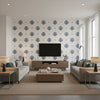 Mayla Damask Navy | Schumacher Wallcovering - Living Room Visualization (AI-generated, may not be to scale. Verify pattern scale with product specifications.)