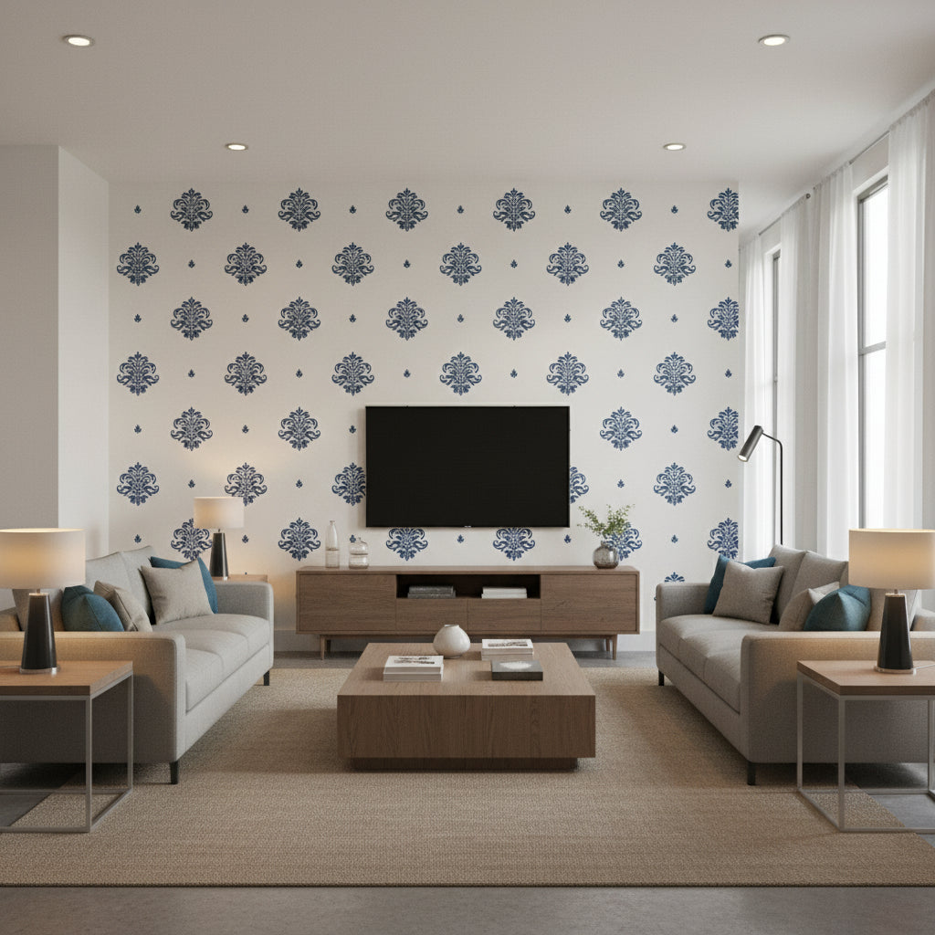 Mayla Damask Navy | Schumacher Wallcovering - Living Room Visualization (AI-generated, may not be to scale. Verify pattern scale with product specifications.)