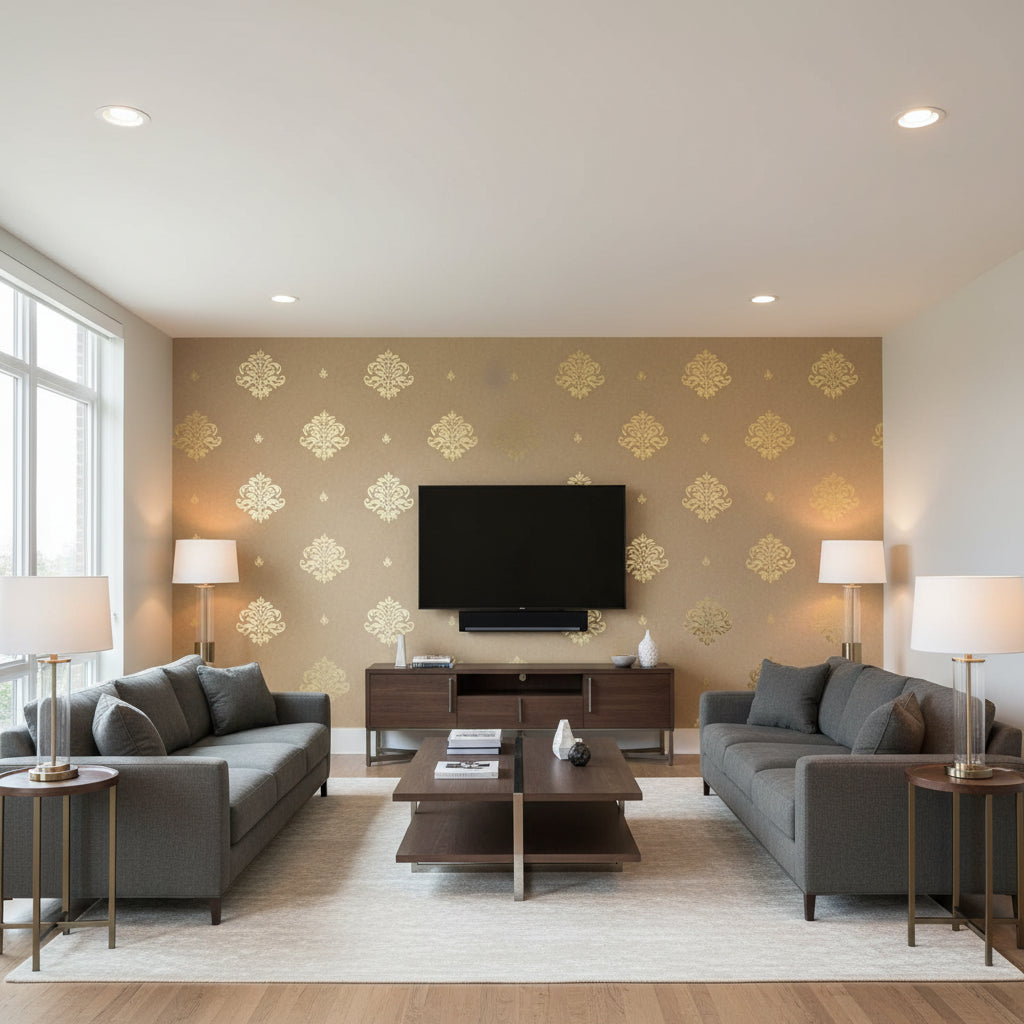 Mayla Damask Gilt | Schumacher Wallcovering - Living Room Visualization (AI-generated, may not be to scale. Verify pattern scale with product specifications.)