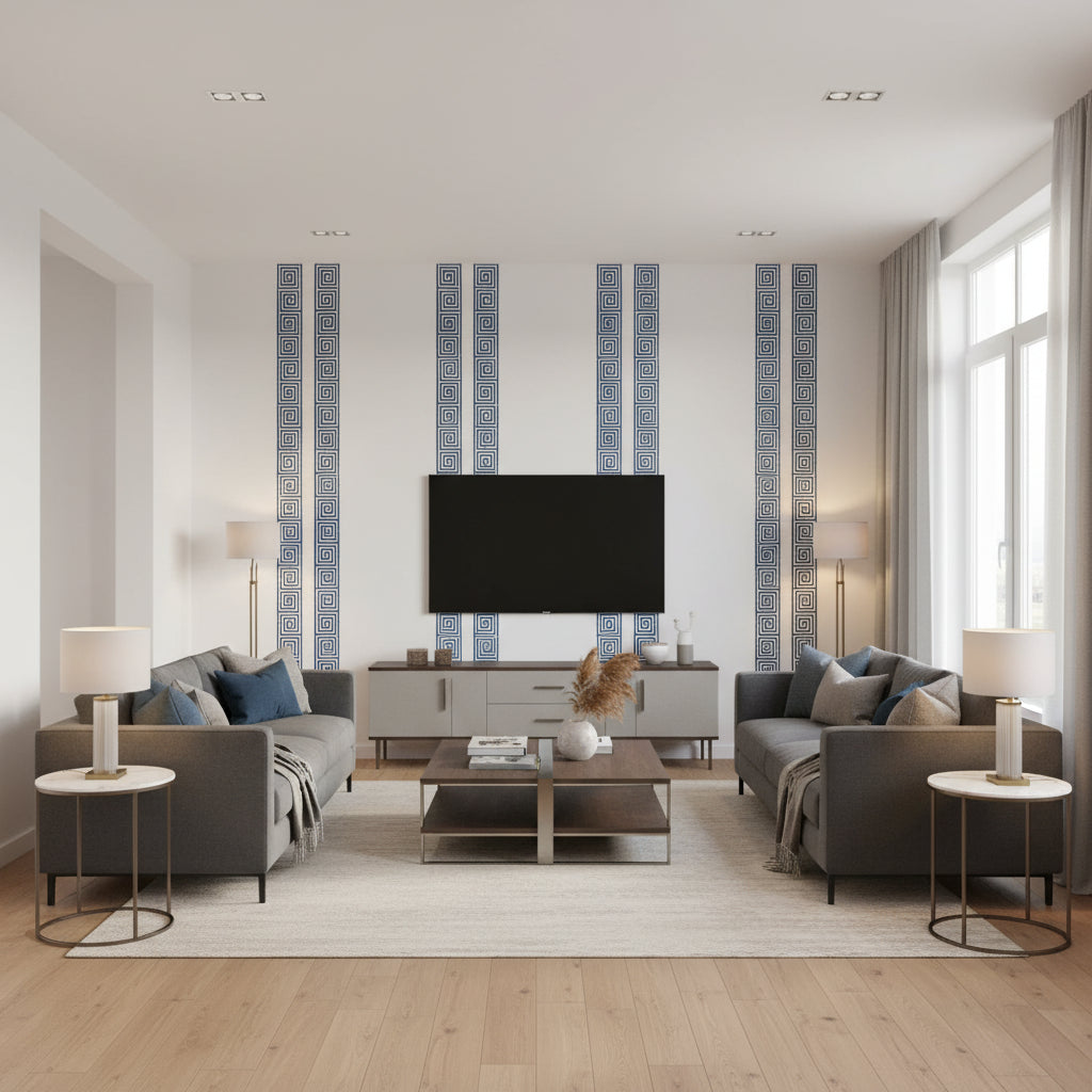 Greek Key Stripe Navy | Schumacher Wallcovering - Living Room Visualization (AI-generated, may not be to scale. Verify pattern scale with product specifications.)