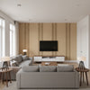 Greek Key Stripe Tabac | Schumacher Wallcovering - Living Room Visualization (AI-generated, may not be to scale. Verify pattern scale with product specifications.)
