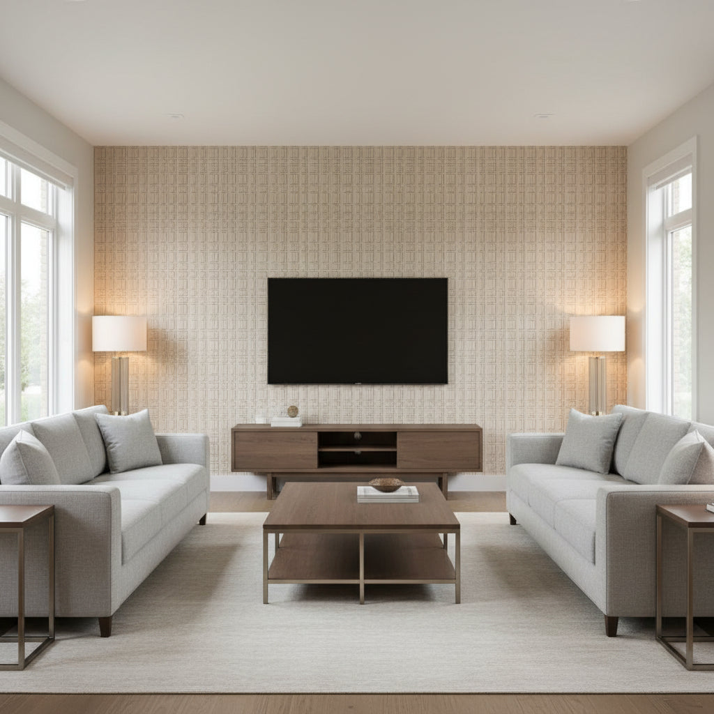 Urban Stripe Zinc | Schumacher Wallpaper - Living Room Visualization (AI-generated, may not be to scale. Verify pattern scale with product specifications.)