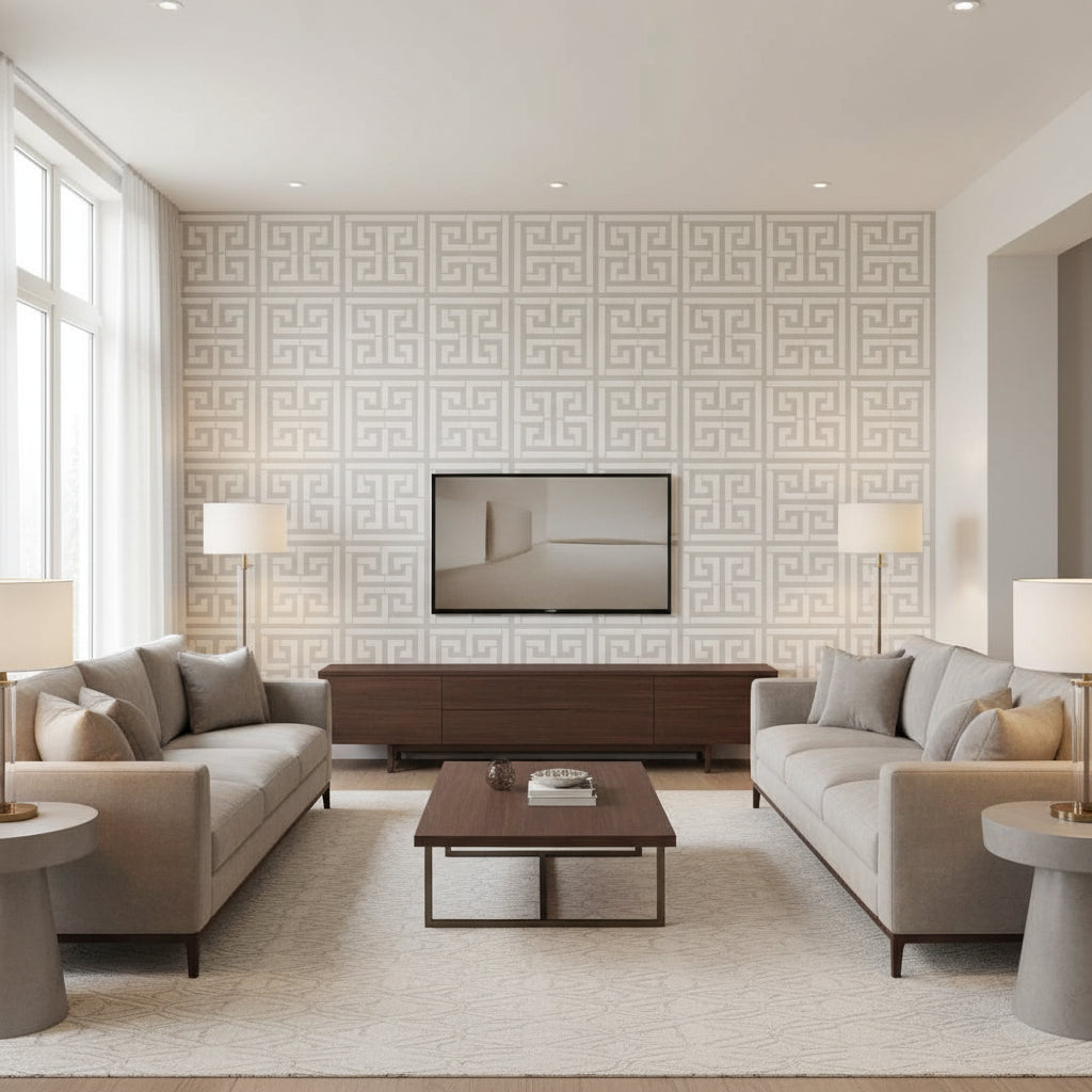 Greek Key Sisal Silver | Schumacher Wallcovering - Living Room Visualization (AI-generated, may not be to scale. Verify pattern scale with product specifications.)