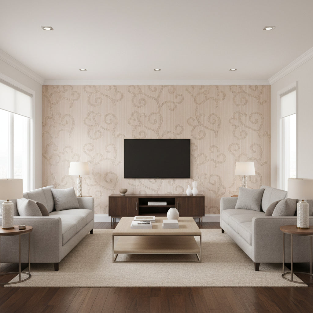 Raindrop Scroll Amethyst | Schumacher Wallcovering - Living Room Visualization (AI-generated, may not be to scale. Verify pattern scale with product specifications.)