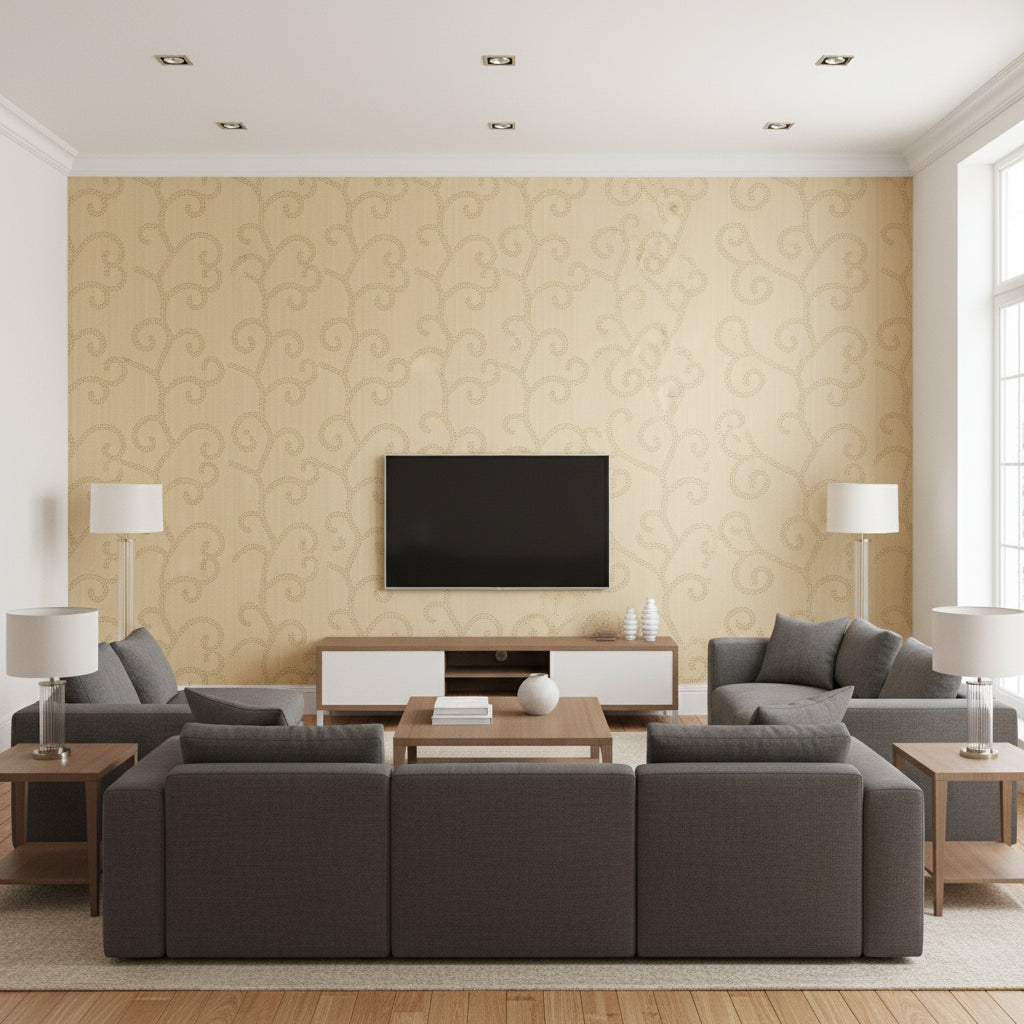 Raindrop Scroll White Gold | Schumacher Wallcovering - Living Room Visualization (AI-generated, may not be to scale. Verify pattern scale with product specifications.)