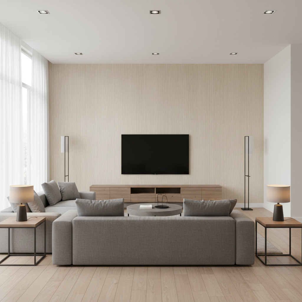 Metallic Strie Oyster | Schumacher Wallpaper - Living Room Visualization (AI-generated, may not be to scale. Verify pattern scale with product specifications.)