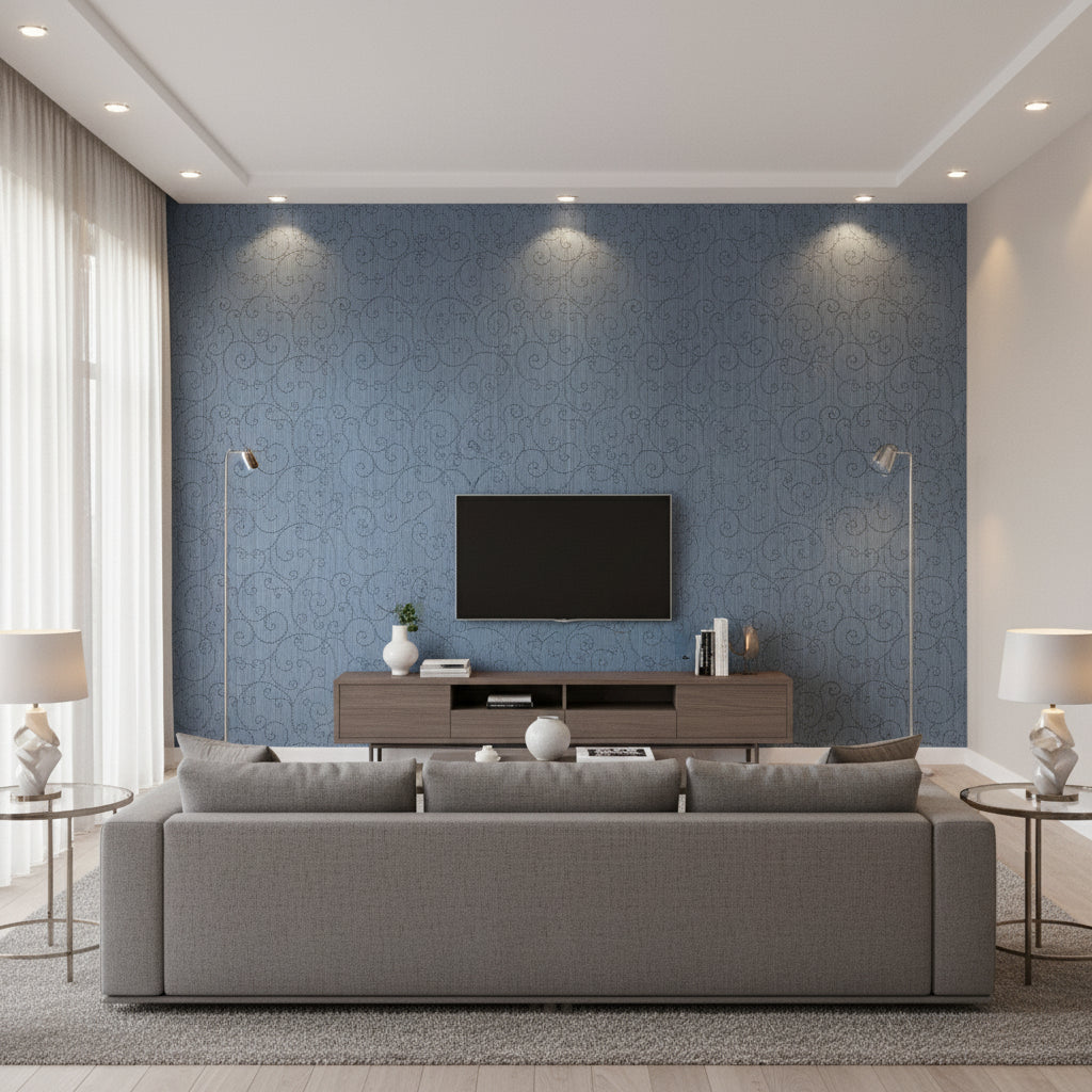 Beaded Scroll Peacock | Schumacher Wallcovering - Living Room Visualization (AI-generated, may not be to scale. Verify pattern scale with product specifications.)