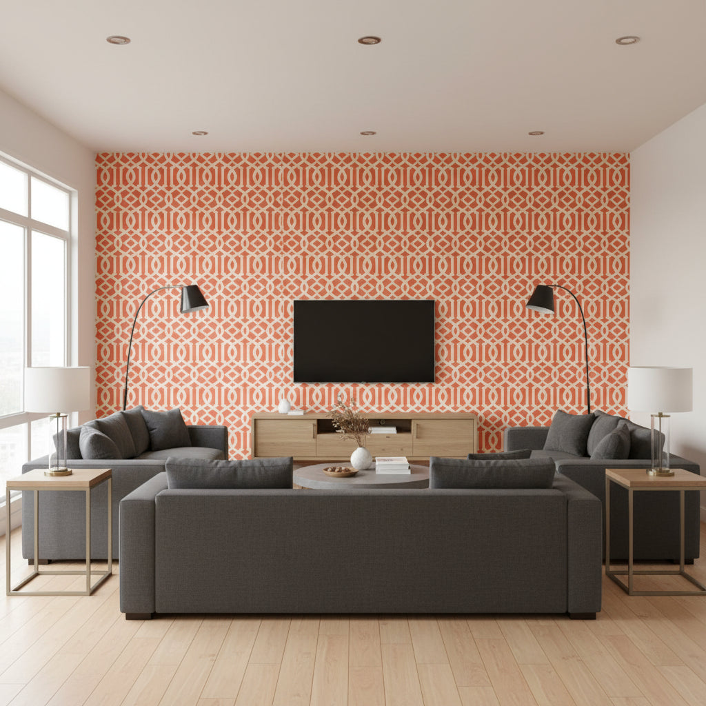 Imperial Trellis Ii Ivory / Mandarin | Schumacher Wallcovering - Living Room Visualization (AI-generated, may not be to scale. Verify pattern scale with product specifications.)