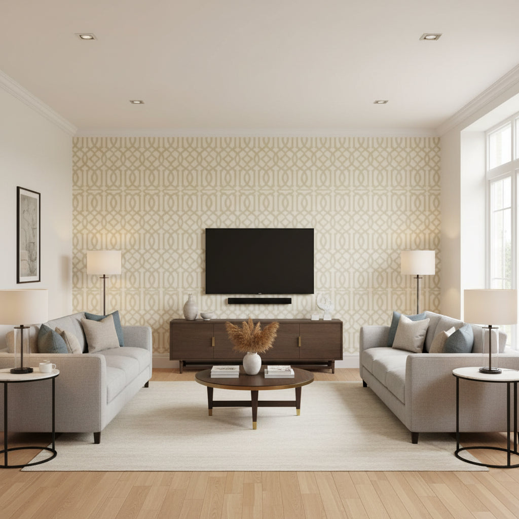 Imperial Trellis Ii Sand / Ivory | Schumacher Wallcovering - Living Room Visualization (AI-generated, may not be to scale. Verify pattern scale with product specifications.)