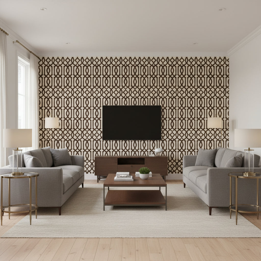 Imperial Trellis Ii Java / Cream | Schumacher Wallcovering - Living Room Visualization (AI-generated, may not be to scale. Verify pattern scale with product specifications.)