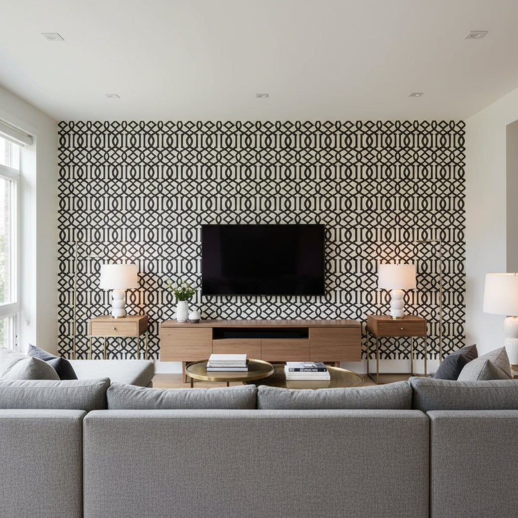 Imperial Trellis Ii Jet | Schumacher Wallcovering - Living Room Visualization (AI-generated, may not be to scale. Verify pattern scale with product specifications.)