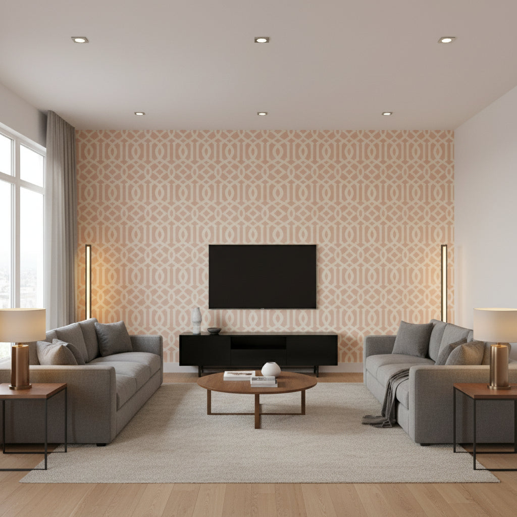 Imperial Trellis Ii Blush | Schumacher Wallcovering - Living Room Visualization (AI-generated, may not be to scale. Verify pattern scale with product specifications.)