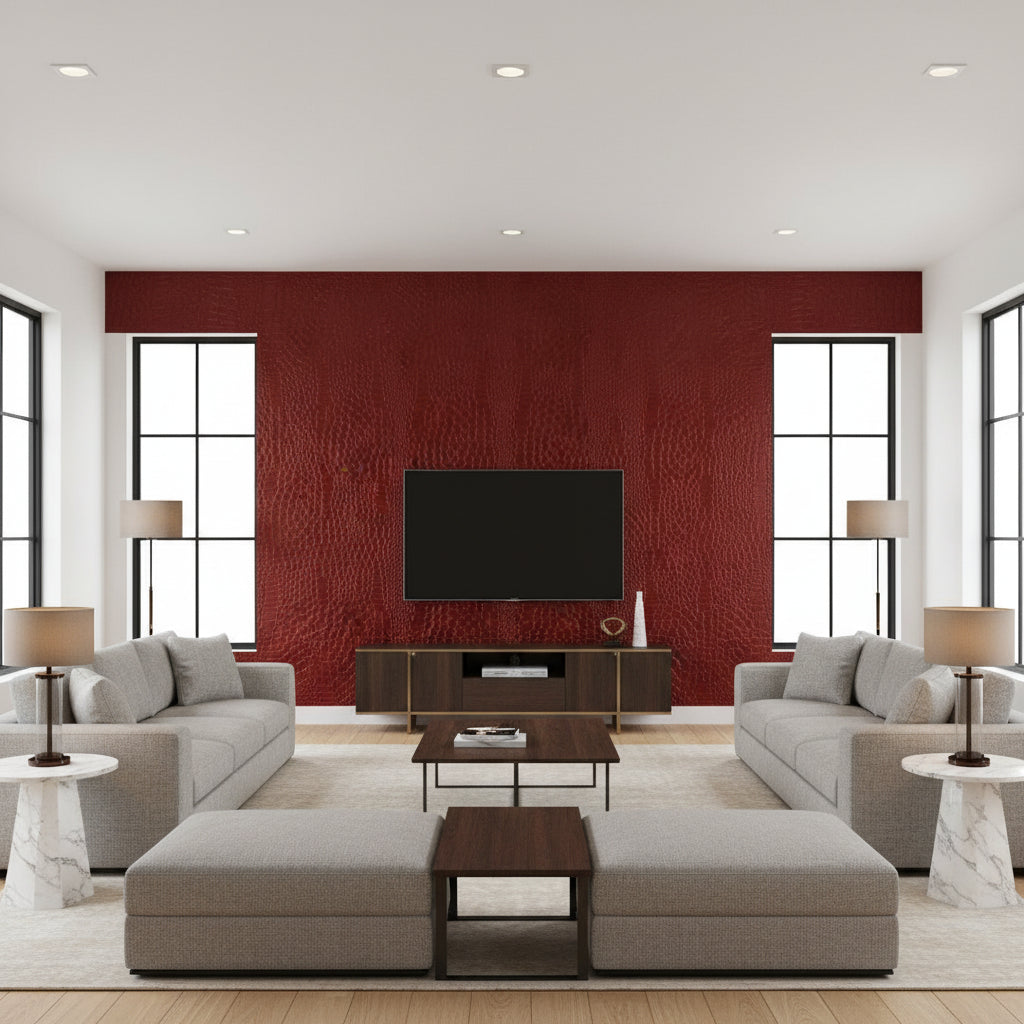 Crocodile Crimson | Schumacher Wallcovering - Living Room Visualization (AI-generated, may not be to scale. Verify pattern scale with product specifications.)
