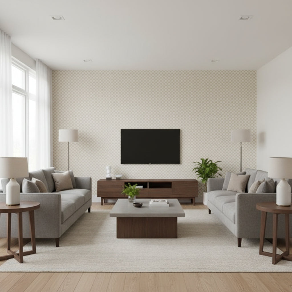 Andalus Mica | Schumacher Wallcovering - Living Room Visualization (AI-generated, may not be to scale. Verify pattern scale with product specifications.)