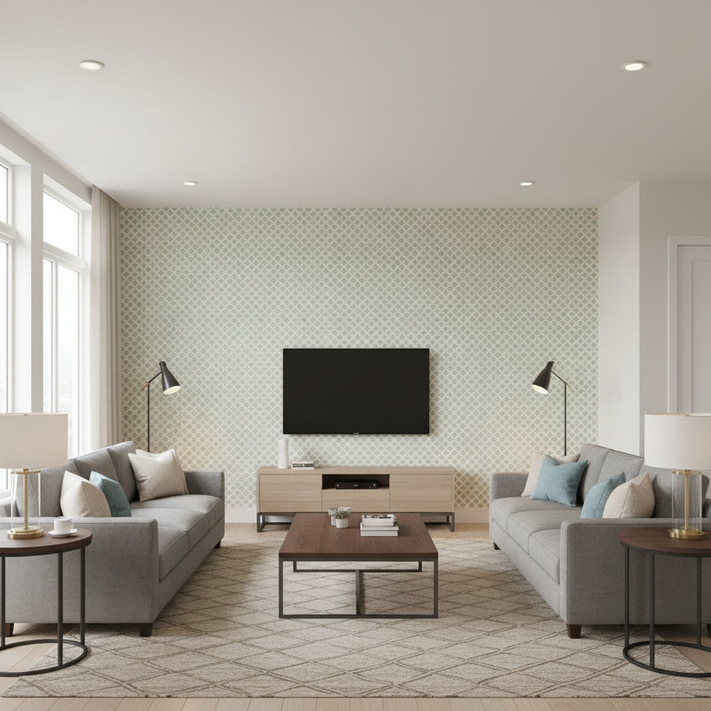 Andalus Mineral | Schumacher Wallcovering - Living Room Visualization (AI-generated, may not be to scale. Verify pattern scale with product specifications.)