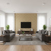 Morocco Antique Gold | Schumacher Wallcovering - Living Room Visualization (AI-generated, may not be to scale. Verify pattern scale with product specifications.)