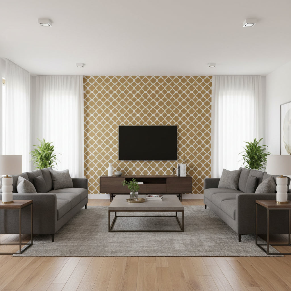 Morocco Antique Gold | Schumacher Wallcovering - Living Room Visualization (AI-generated, may not be to scale. Verify pattern scale with product specifications.)