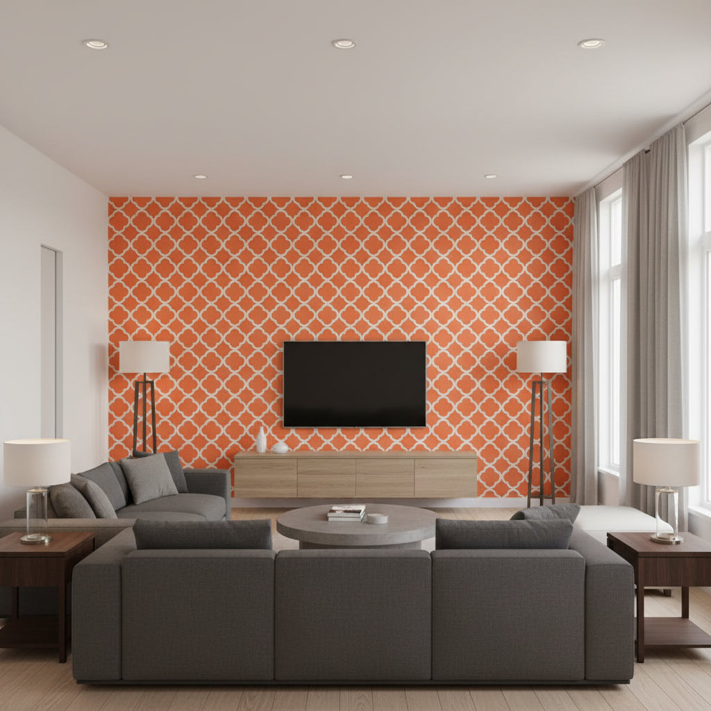 Morocco Terra Cotta | Schumacher Wallcovering - Living Room Visualization (AI-generated, may not be to scale. Verify pattern scale with product specifications.)