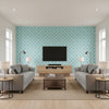 Morocco Azure | Schumacher Wallcovering - Living Room Visualization (AI-generated, may not be to scale. Verify pattern scale with product specifications.)