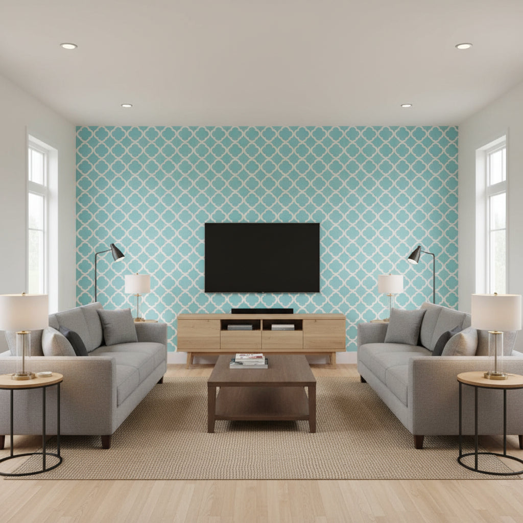 Morocco Azure | Schumacher Wallcovering - Living Room Visualization (AI-generated, may not be to scale. Verify pattern scale with product specifications.)