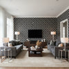 Morocco Black | Schumacher Wallcovering - Living Room Visualization (AI-generated, may not be to scale. Verify pattern scale with product specifications.)