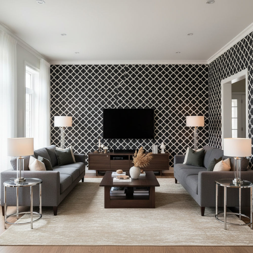 Morocco Black | Schumacher Wallcovering - Living Room Visualization (AI-generated, may not be to scale. Verify pattern scale with product specifications.)