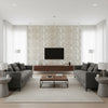 Queen Of Spain Warm Silver | Schumacher Wallpaper - Living Room Visualization (AI-generated, may not be to scale. Verify pattern scale with product specifications.)
