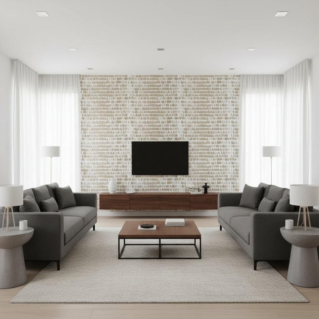 Queen Of Spain Warm Silver | Schumacher Wallpaper - Living Room Visualization (AI-generated, may not be to scale. Verify pattern scale with product specifications.)