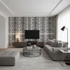 Queen Of Spain Black | Schumacher Wallcovering - Living Room Visualization (AI-generated, may not be to scale. Verify pattern scale with product specifications.)