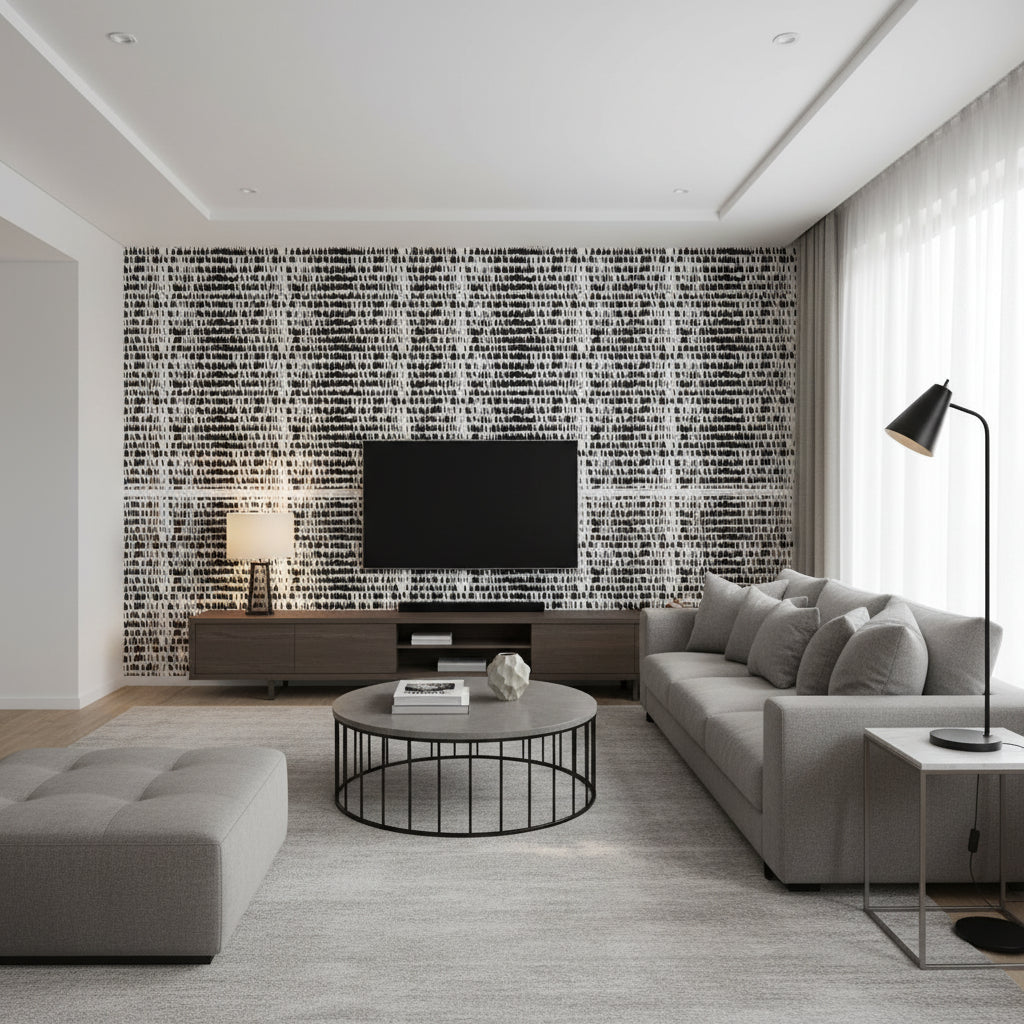 Queen Of Spain Black | Schumacher Wallcovering - Living Room Visualization (AI-generated, may not be to scale. Verify pattern scale with product specifications.)