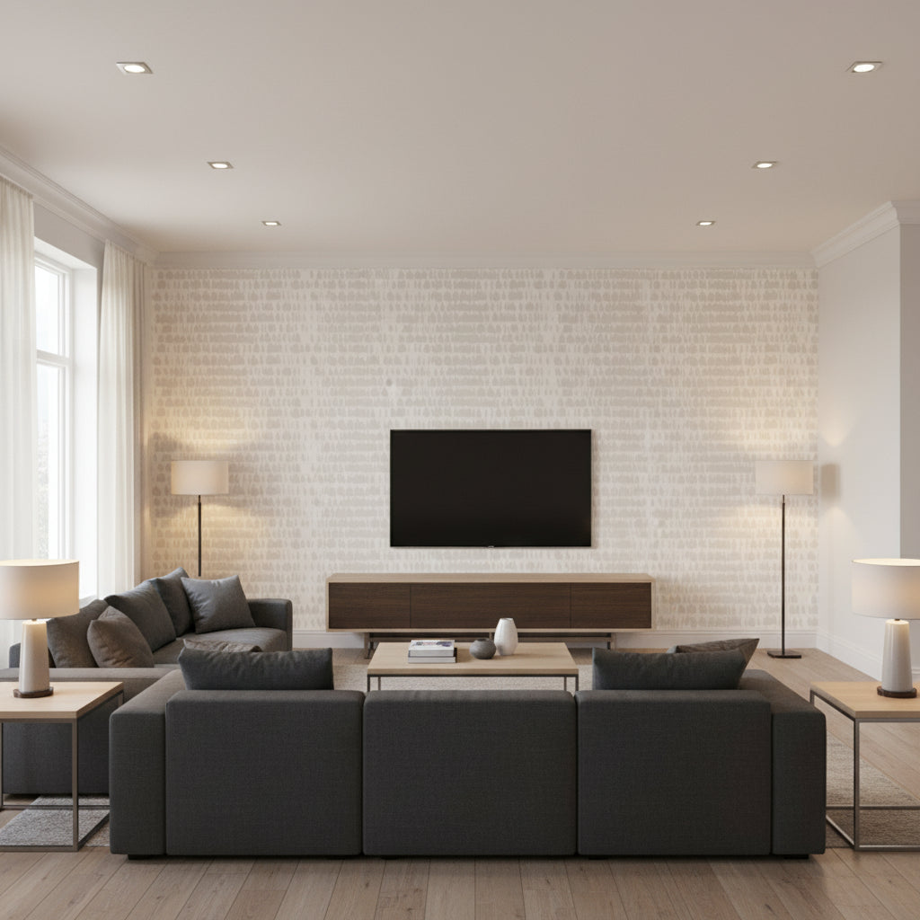 Queen Of Spain Dove | Schumacher Wallcovering - Living Room Visualization (AI-generated, may not be to scale. Verify pattern scale with product specifications.)