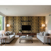 Queen Of Spain Gold | Schumacher Wallcovering - Living Room Visualization (AI-generated, may not be to scale. Verify pattern scale with product specifications.)