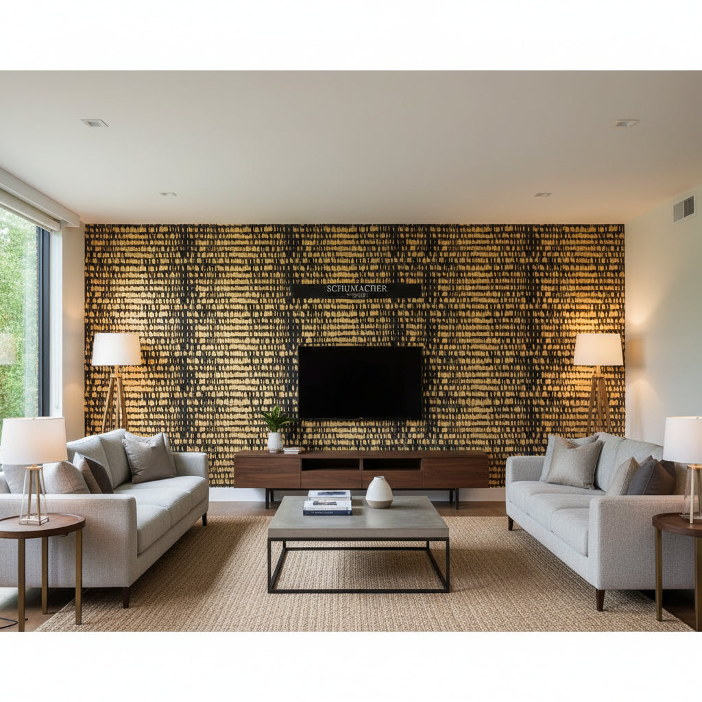 Queen Of Spain Gold | Schumacher Wallcovering - Living Room Visualization (AI-generated, may not be to scale. Verify pattern scale with product specifications.)