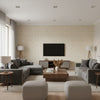 Metropolitan Fret Crystal | Schumacher Wallcovering - Living Room Visualization (AI-generated, may not be to scale. Verify pattern scale with product specifications.)