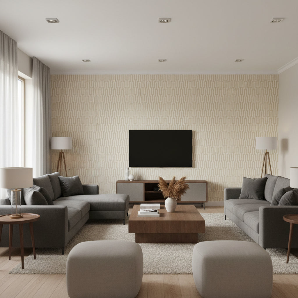 Metropolitan Fret Crystal | Schumacher Wallcovering - Living Room Visualization (AI-generated, may not be to scale. Verify pattern scale with product specifications.)