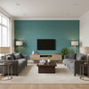 Metropolitan Fret Turquoise | Schumacher Wallcovering - Living Room Visualization (AI-generated, may not be to scale. Verify pattern scale with product specifications.)