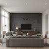 Metropolitan Fret Black Pearl | Schumacher Wallcovering - Living Room Visualization (AI-generated, may not be to scale. Verify pattern scale with product specifications.)