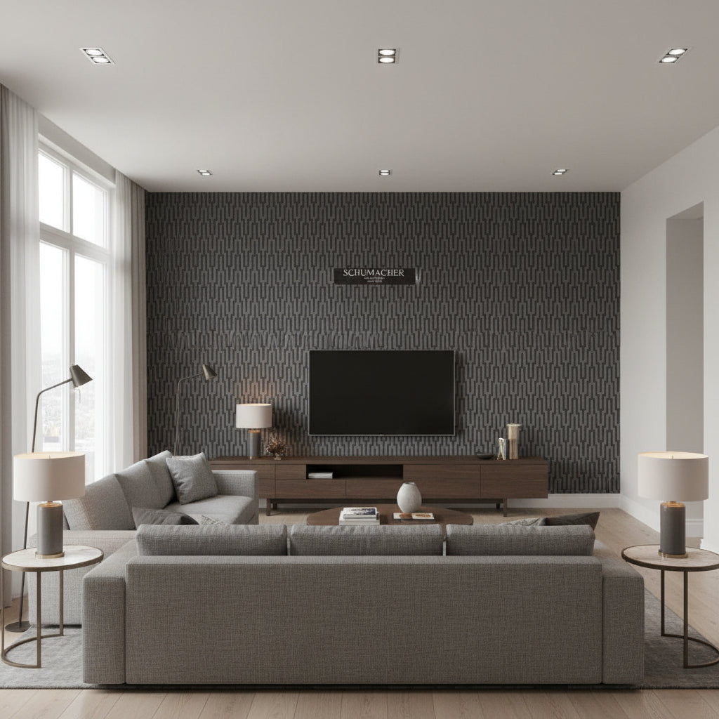 Metropolitan Fret Black Pearl | Schumacher Wallcovering - Living Room Visualization (AI-generated, may not be to scale. Verify pattern scale with product specifications.)