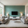 Valencia Turquoise | Schumacher Wallcovering - Living Room Visualization (AI-generated, may not be to scale. Verify pattern scale with product specifications.)