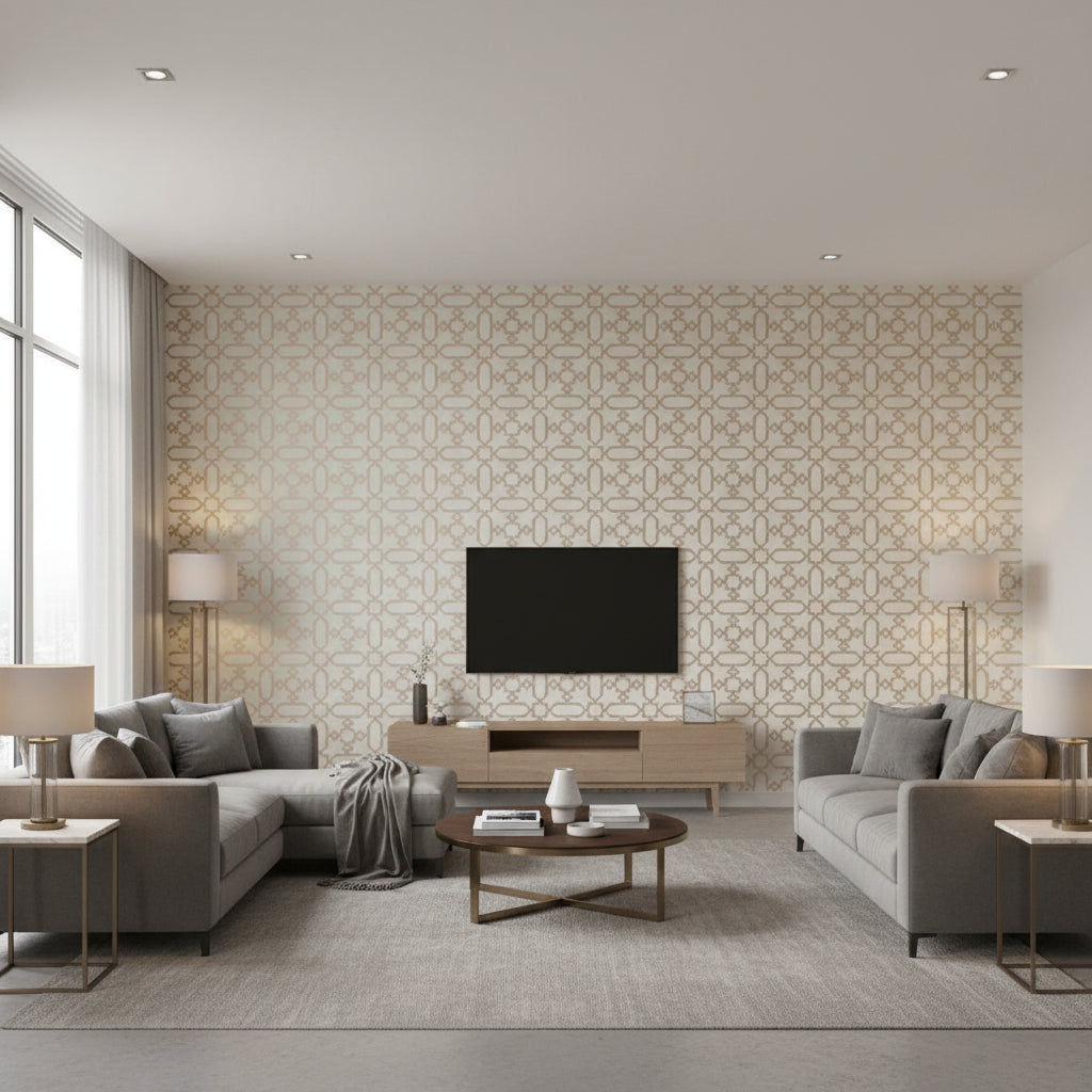 Cordoba Mist | Schumacher Wallcovering - Living Room Visualization (AI-generated, may not be to scale. Verify pattern scale with product specifications.)
