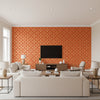 Cordoba Cinnabar | Schumacher Wallcovering - Living Room Visualization (AI-generated, may not be to scale. Verify pattern scale with product specifications.)