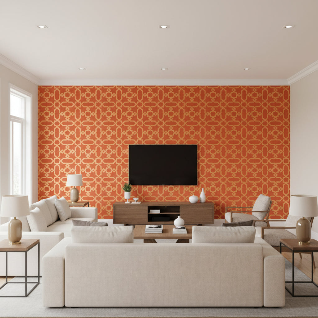 Cordoba Cinnabar | Schumacher Wallcovering - Living Room Visualization (AI-generated, may not be to scale. Verify pattern scale with product specifications.)