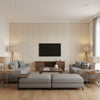 Malaga Silver | Schumacher Wallcovering - Living Room Visualization (AI-generated, may not be to scale. Verify pattern scale with product specifications.)