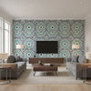 Nasrid Palace Mosaic Aegean | Schumacher Wallcovering - Living Room Visualization (AI-generated, may not be to scale. Verify pattern scale with product specifications.)