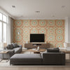 Nasrid Palace Mosaic Persimmon | Schumacher Wallcovering - Living Room Visualization (AI-generated, may not be to scale. Verify pattern scale with product specifications.)
