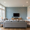 Serallo Mosaic Aegean | Schumacher Wallcovering - Living Room Visualization (AI-generated, may not be to scale. Verify pattern scale with product specifications.)