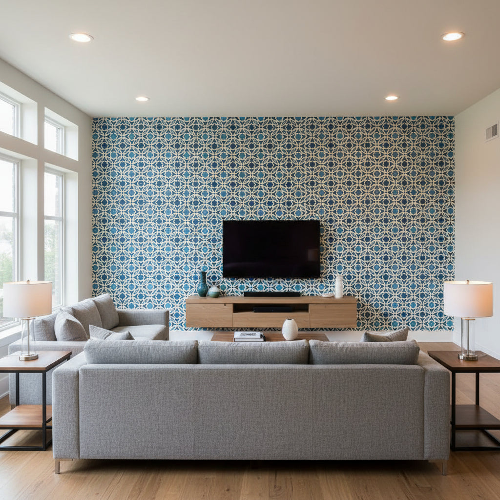 Serallo Mosaic Aegean | Schumacher Wallcovering - Living Room Visualization (AI-generated, may not be to scale. Verify pattern scale with product specifications.)