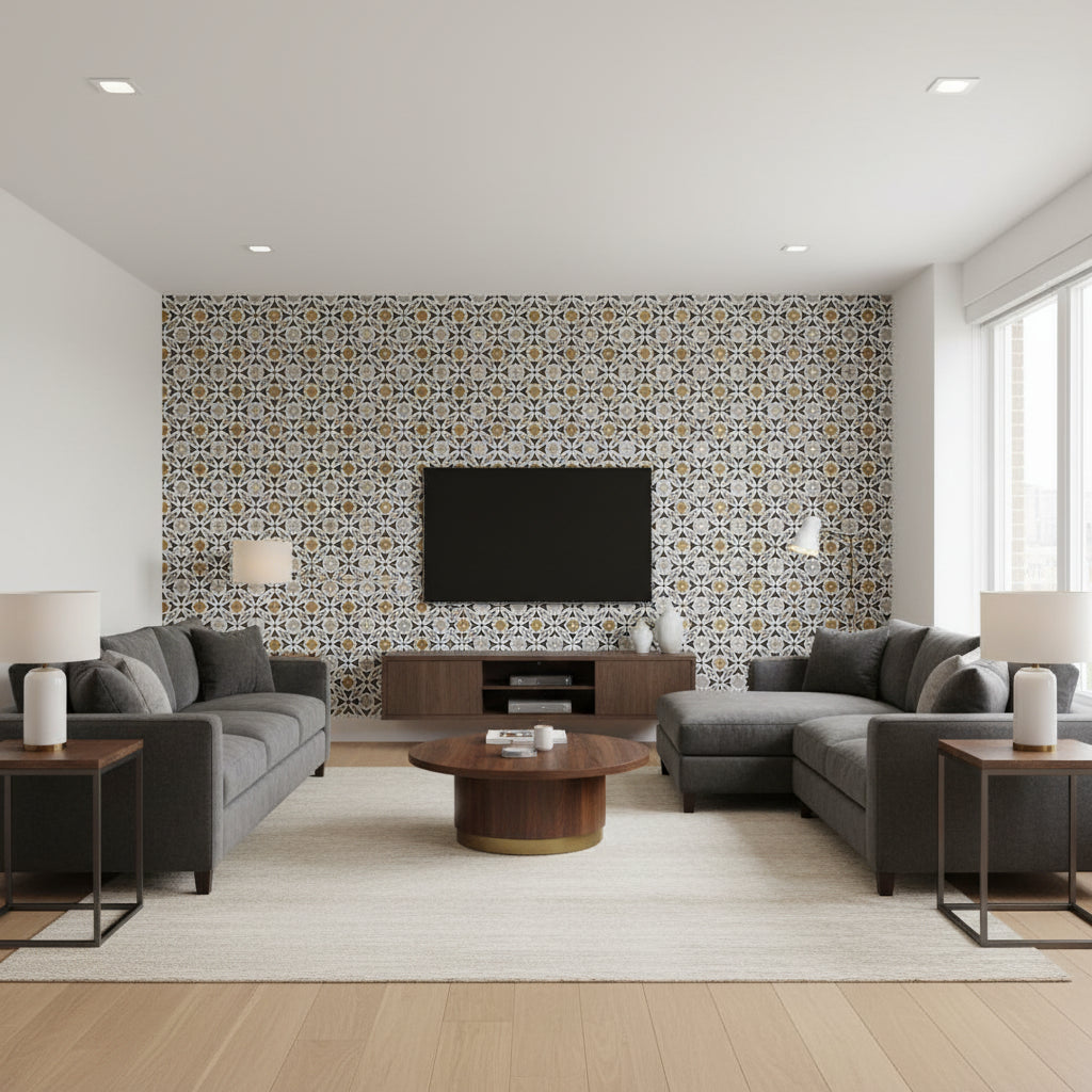 Serallo Mosaic Mica | Schumacher Wallcovering - Living Room Visualization (AI-generated, may not be to scale. Verify pattern scale with product specifications.)